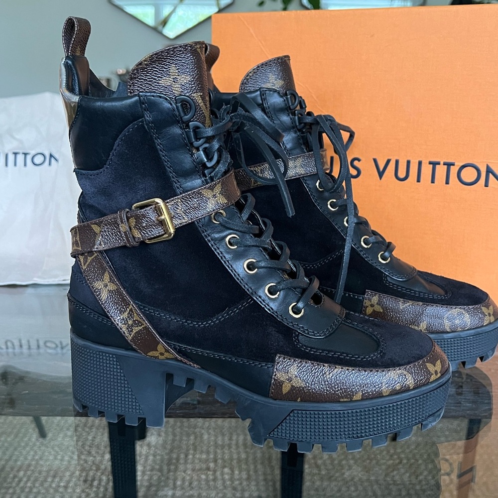 Louis Vuitton Black and Brown Monogram Combat Boots